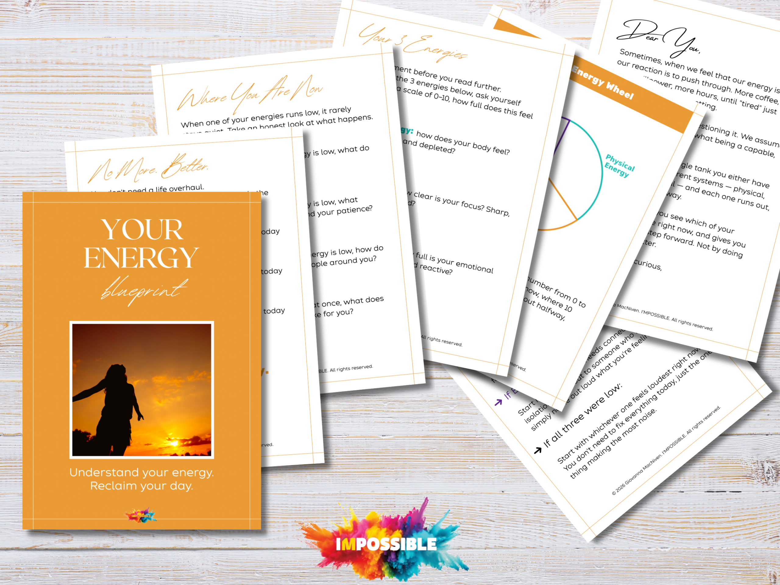 Overview desk new Preview of Your Energy Blueprint pages — including the energy wheel exercise, reflection questions, and action steps — fanned out on a wooden surface